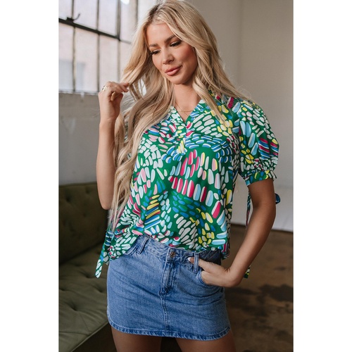 Green Brushwork Geometric Print Puff Sleeve Notched Neck Blouse - L - Main Image