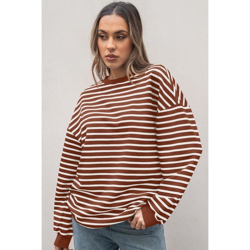 Coffee Striped Long Sleeve Round Neck Loose Top - L - Main Image