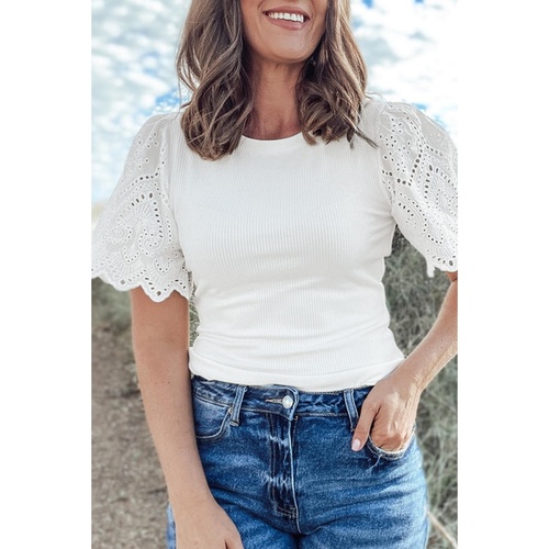 White Eyelet Pattern Short Sleeve Patchwork Ribbed Top - L - Main Image