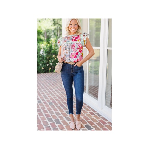 Pink Floral Print Contrast Ruffle Trim Short Sleeve Blouse - L - Main Image