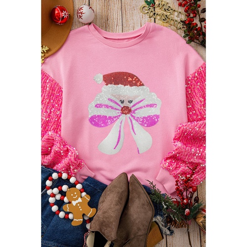 Pink Bow Father Christmas Graphic Sequin Patchwork Long Sleeve Top - XL - Main Image