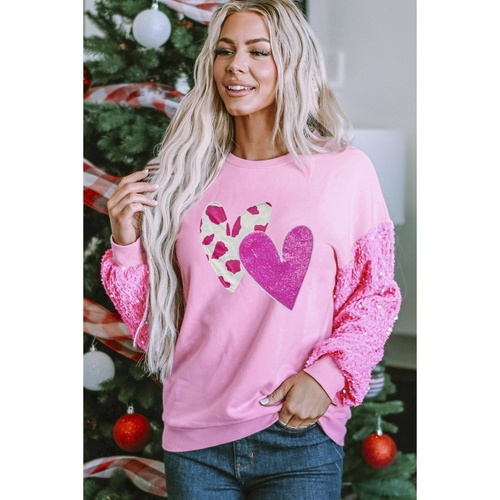 Pink Valentines Heart Graphic Sequin Patchwork Long Sleeve Top - S - Main Image