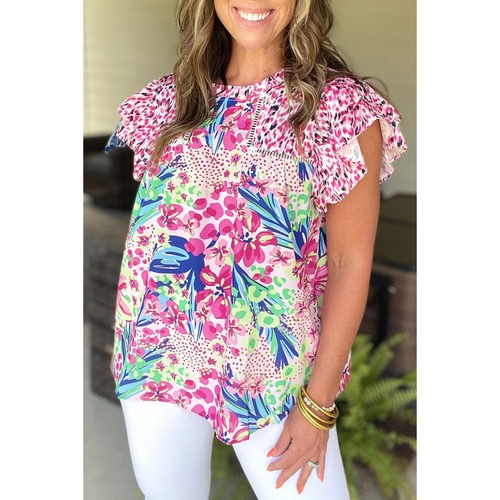 Pink Floral Mixed Print Ruffle Cap Sleeve Blouse - L - Main Image