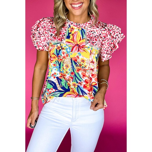Red Floral Mixed Print Ruffle Cap Sleeve Blouse - M - Main Image