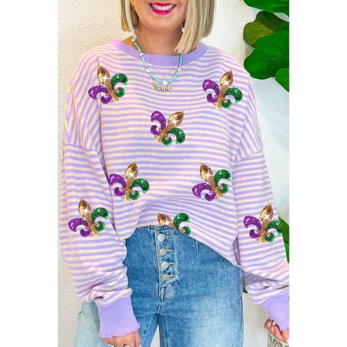 Purple Stripe Sequin Fleur de Lis Patched Pattern Long Sleeve Top - L - Main Image