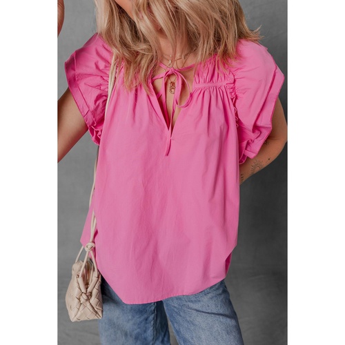 Sachet Pink Shirred Yoke Lace up V Neck Ruffled Sleeve Blouse - L - Main Image