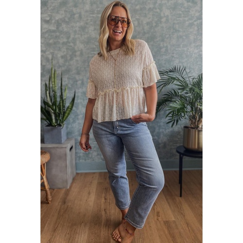 Beige Solid Color Textured Ruffled Short Sleeve Blouse - M - Main Image