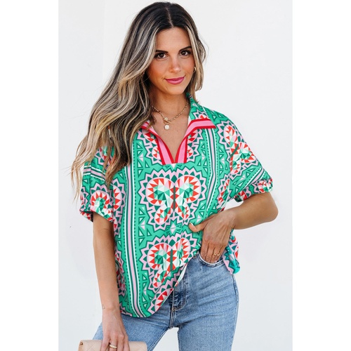 Sea Green Boho Abstract Print Contrast Striped Collared V Neck Blouse - L - Main Image