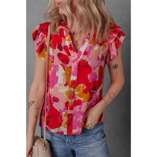 Red Abstract Print Split V Neck Ruffle Short Sleeve Blouse - L - Main Image