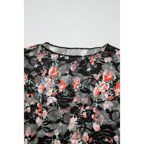 Black Floral Mesh Sheer Long Sleeve Top - L - Main Image