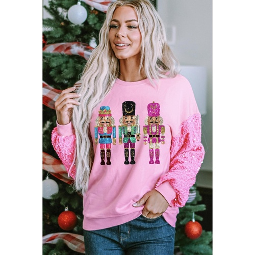 Pink Nutcracker Graphic Christmas Sequin Sleeve Drop Shoulder Top - XL - Main Image