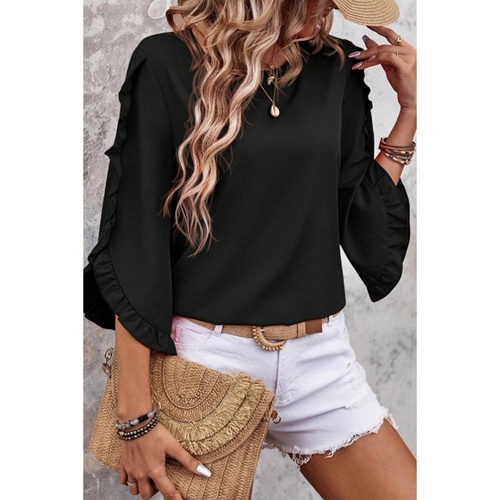 Black Ruffle Trimmed 3/4 Sleeve Round Neck Blouse - M - Main Image