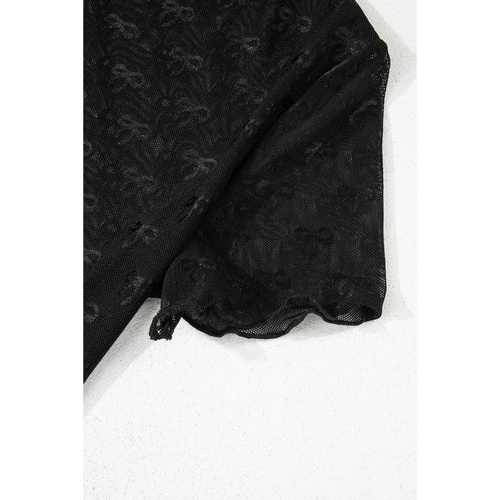 Black Bowknot Sheer Mesh Mock Neck Lettuce Trim Short Sleeve Top - L - Main Image