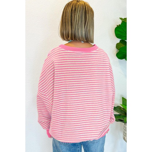 Azura Exchange Pink Stripe Santa Clause Print Drop Shoulder Long Sleeve Loose Top - 2XL - Main Image