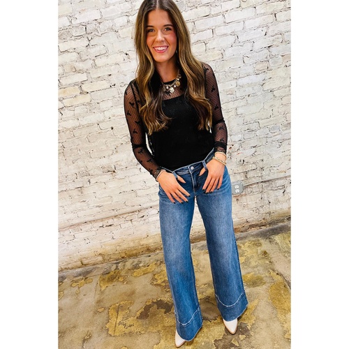 Black Bow Pattern Accent Mesh Long Sleeve Top - L - Main Image