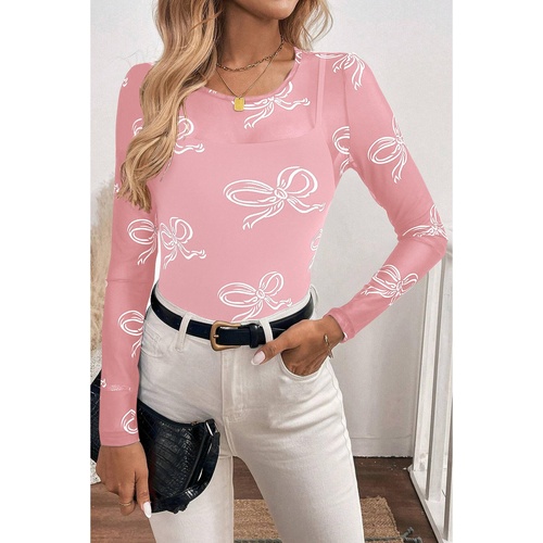 Pink Round Neck Bow Print Long Sleeve Mesh Top - L - Main Image
