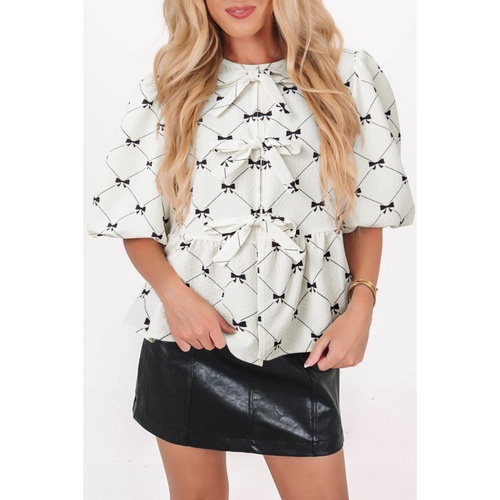 White Bowknot Print Front Knots Bubble Sleeve Blouse - L - Main Image