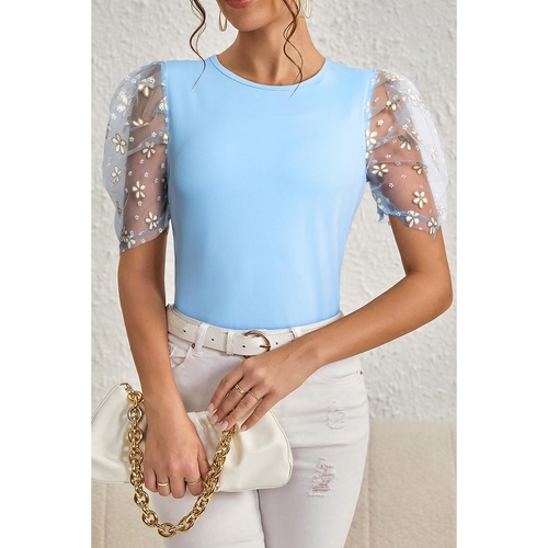 Beau Blue Floral Mesh Puff Sleeve Crew Neck Top - L - Main Image
