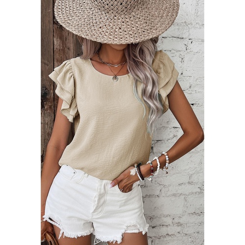 Beige Solid Color Ruffled Short Sleeve Casual Blouse - XL - Main Image