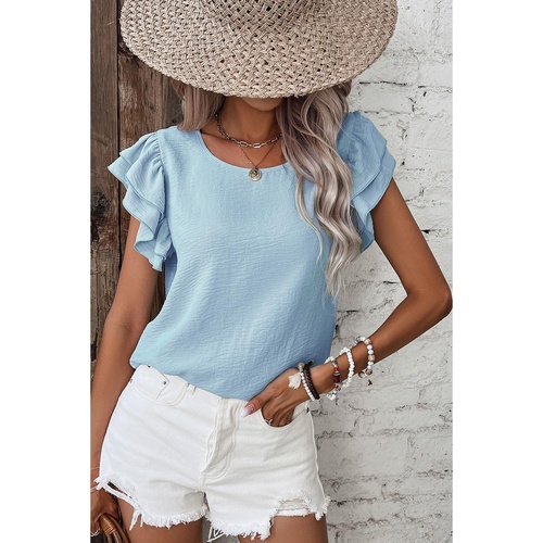 Mist Blue Solid Color Ruffled Short Sleeve Casual Blouse - L - Main Image