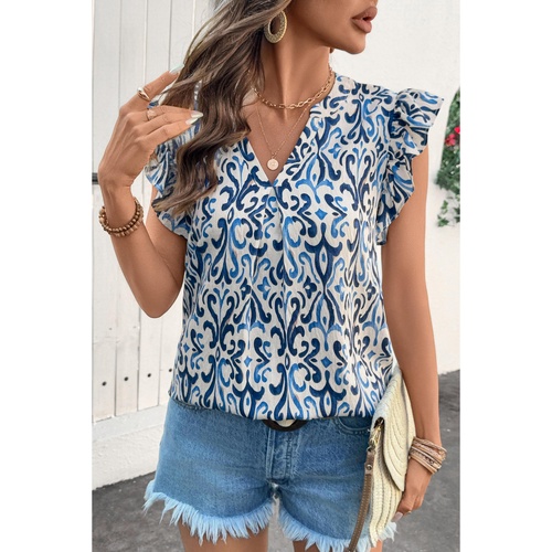 Sky Blue Boho Abstract Print Pintuck Detail Ruffled Top - L - Main Image