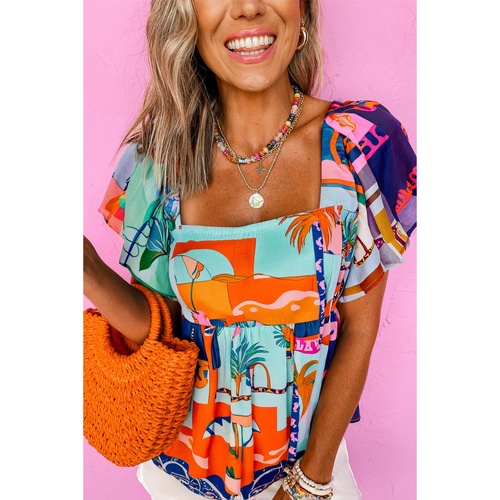 Sky Blue Tropical Printed Square Neck Flutter Sleeve Babydoll Blouse - L - Main Image