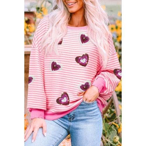 Pink Stripe Sequin Heart Patched Pattern Long Sleeve Valentines Top - 2XL - Main Image