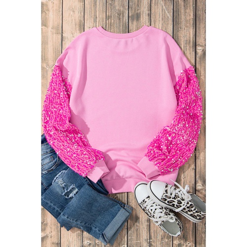 Pink Leopard Heart Graphic Sequin Patchwork Long Sleeve Valentines Top - L - Main Image