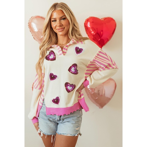 Pink Stripe Patchwork Sequin Heart Pattern Long Sleeve Collared Split Top - L - Main Image