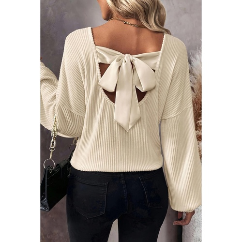 White Knot Back Drop Shoulder Ribbed Long Sleeve Blouse - L - Main Image