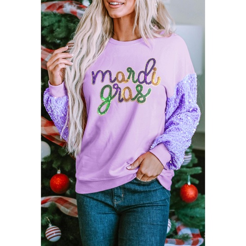 Orchid Petal mardi gras Graphic Sequin Patchwork Long Sleeve Top - L - Main Image