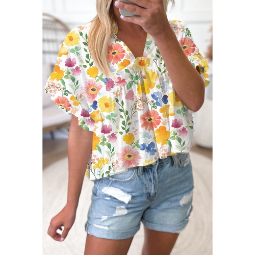 Yellow Floral Boxy Fit Ruffled Short Sleeve V Neck Blouse - L - Main Image