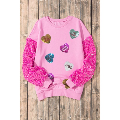 Pink Valentine Shiny Slogan Heart Sequin Sleeve Patchwork Pullover Top - L - Main Image