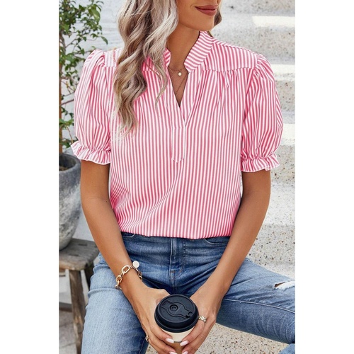 Pink Stripe Notched Neck Frilled Short Puff Sleeve Blouse - L - Main Image