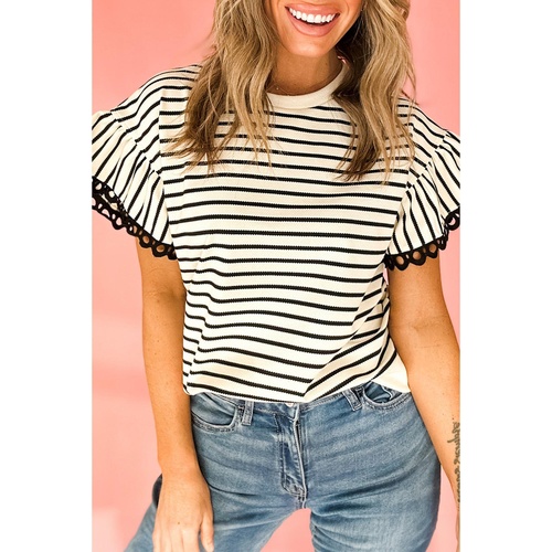 Black Stripe Scallop Lace Trim Ruffle Short Sleeves Crewneck Top - L - Main Image