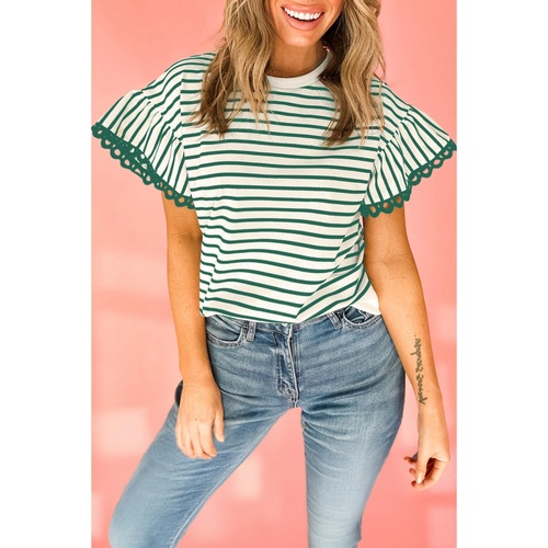 Green Stripe Scallop Lace Trim Ruffle Short Sleeves Crewneck Top - L - Main Image