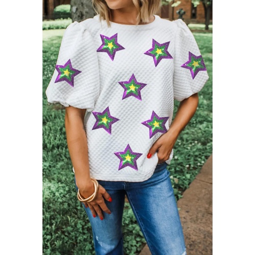 White Textured Sequin Mardi Gras Star Graphic Puff Sleeve Blouse - XL - Main Image
