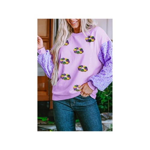 Orchid Petal Mardi Gras Doughnut Graphic Sequin Patchwork Long Sleeve Top - L - Main Image