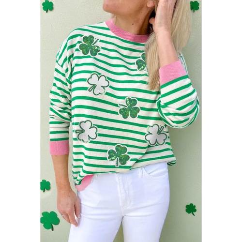 Bright Green Striped Sequin Clover Graphic Colorblock Long Sleeve St Patrick Top - L - Main Image