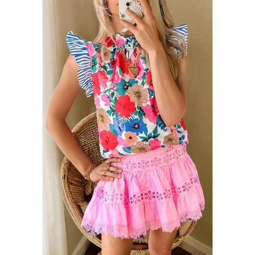 Sky Blue Floral Mock Neck Striped Flutter Sleeve Blouse - L - Main Image