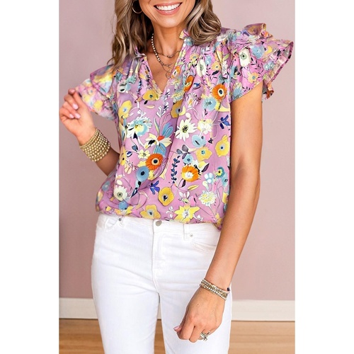Pink Flutter Sleeve V Neck Floral Top - L - Main Image
