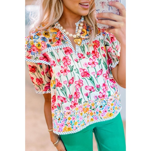 Pink Floral Print Striped Detail Split Neck Short Sleeve Blouse - L - Main Image