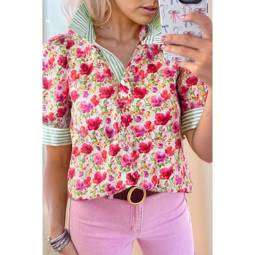 Red Floral Print Striped Patchwork Collared Short Sleeve Blouse - L - Main Image