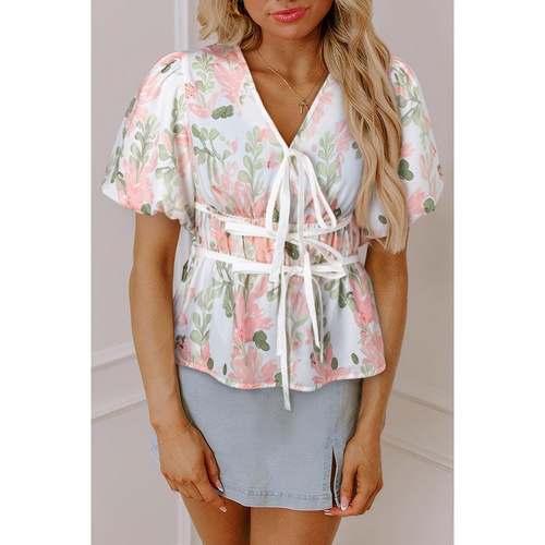 Pink Floral Puff Sleeve V Neck Tied Front Peplum Blouse - L - Main Image