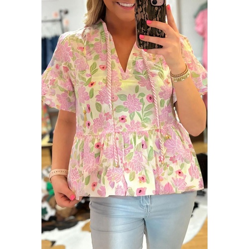 Pink Floral Print Drawstring V Neck Peplum Blouse - L - Main Image