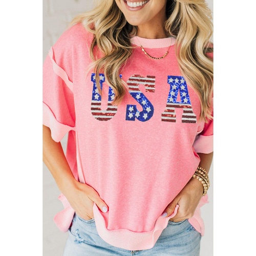 Peach Blossom USA Color Block High Low Crew Neck T Shirt - L - Main Image