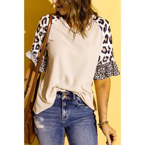 Azura Exchange Leopard Ruffle Sleeve Waffle Knit Top - M - Main Image