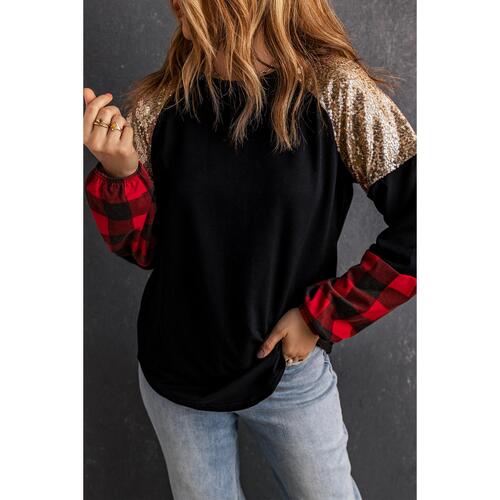 Azura Exchange Lantern Sleeve Plaid Sequin Pullover Sweatshirt - M - Main Image