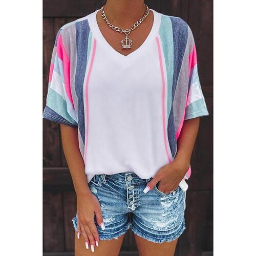 Azura Exchange Patchwork V Neck T-Shirt with Stripe Detail - M - Main Image