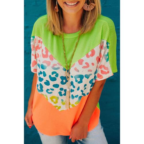 Azura Exchange Leopard Patchwork Waffle Knit T-Shirt - M - Main Image